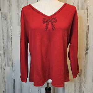 Norton Mcnaughton Womens Size XL Red Top Beaded Bow Holiday Sweater Christmas